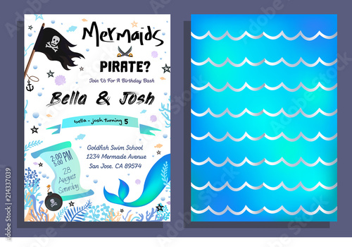 Mermaid and pirate party invitation with holographic background, mermaid tail, pirate flag and doodles. Vector Birthday card for little pirate boy and mermaid girl
