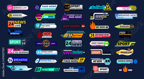 Big set of news bar isolated on blue background. Live, sport, fake, online news etc. Vector illustration