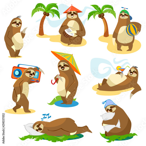 Set of cute cartoon sloth characters isolated on white background. Vector illustration.