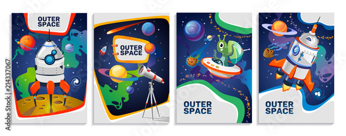 Set of colorful space cards. Vector cartoon posters.
