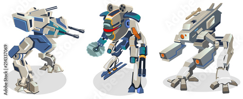 Set of futuristic cartoon space robots isolated on white background. Battle robots in space style. Vector illustration.