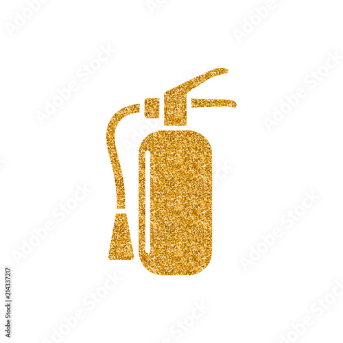 Fire extinguisher icon in gold glitter texture. Sparkle luxury style vector illustration.