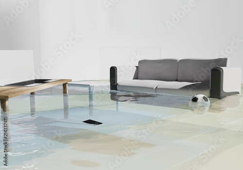 Water damage due to flooding in house 3d-illustration