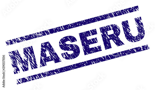MASERU stamp seal watermark with distress style. Blue vector rubber print of MASERU text with dirty texture. Text title is placed between parallel lines.