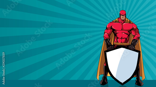 Powerful superhero holding big shield with copy space.