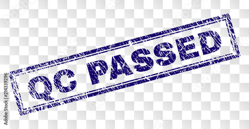 QC PASSED stamp seal print with rubber print style and double framed rectangle shape. Stamp is placed on a transparent background. Blue vector rubber print of QC PASSED label with corroded texture.