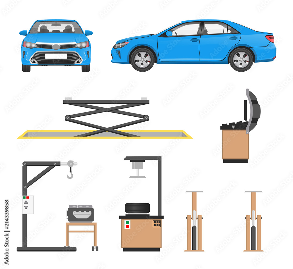 Naklejka premium Set of Tools for Car Repairing and Blue Sedan
