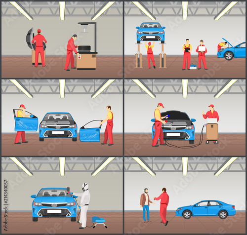Car Maintenance Stages Set Vector Illustration