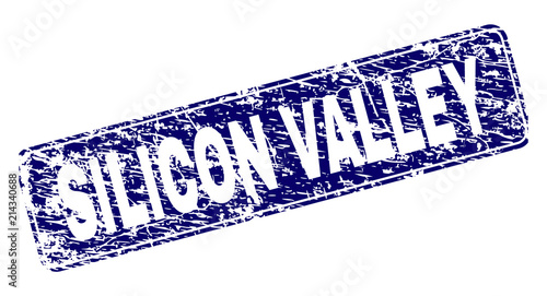 SILICON VALLEY stamp seal print with grunge texture. Seal shape is a rounded rectangle with frame. Blue vector rubber print of SILICON VALLEY tag with unclean texture.
