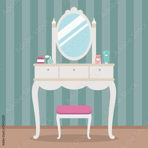 Vintage dressing table with mirror, table, chair and cosmetics. Flat style vector illustration.
