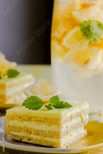 fresh tasty sweet lemon cake dessert with mint