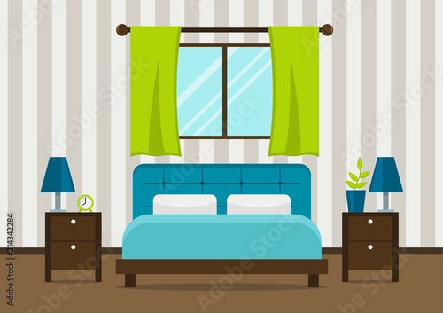 Interior design modern bedroom with furniture and window. Flat vector illustration.