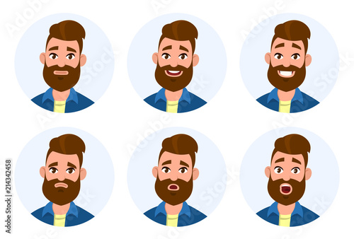 Set of male facial emotions. Different male emotions set.Man emoji character with different expressions.