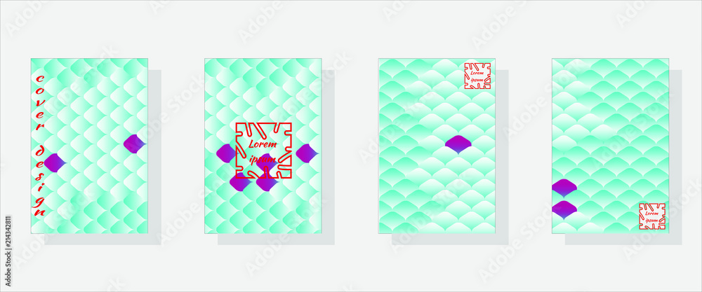 Set of fashionable cover design templates. National oriental pattern, multi-colored fish scales of carp Koi. Vector illustration.