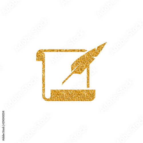 Letter quill pen icon in gold glitter texture. Sparkle luxury style vector illustration.