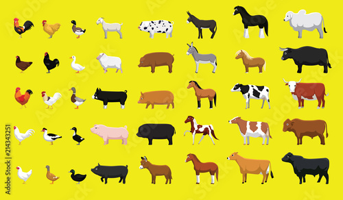 Various Farm Animals Side View Cartoon Vector Illustration Set
