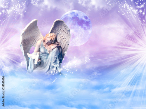 angel archangel Gabriel, Haniel, Ariel with mystical sky, rays of light with bird dove of peace and love 