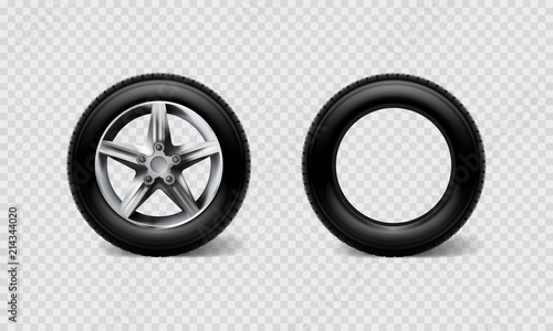 Stock vector illustration realistic car wheels set tyre bus, truck isolated on transparent checkered background EPS10