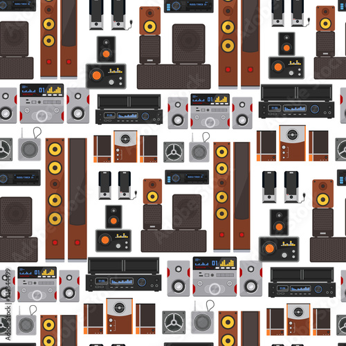 Acoustic sound system stereo flat vector seamless pattern background music loudspeakers player subwoofer equipment technology.
