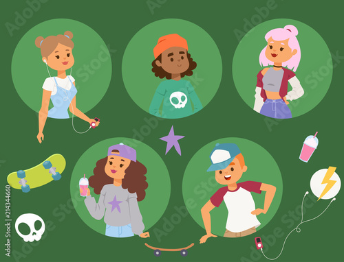 Skateboard characters vector stylish skating kids illustration skate cartoon male activity extreme skateboarding icon.