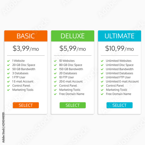 Pricing table template. Hosting plans comparison. Banners for websites and app. Vector illustration.