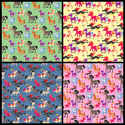 Horse pony stallion vector breeds color farm equestrian mammal domestic animal mane zoo character illustration seamless pattern background.