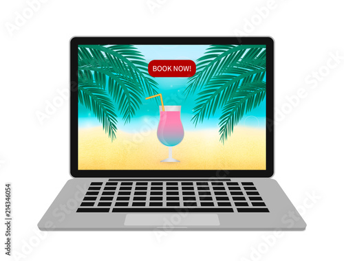 Laptop screen with Tropical beach, Palm leaves and a glass of cocktail isolated on white. Online booking and internet travel agency concept.Vector template for your design projects.