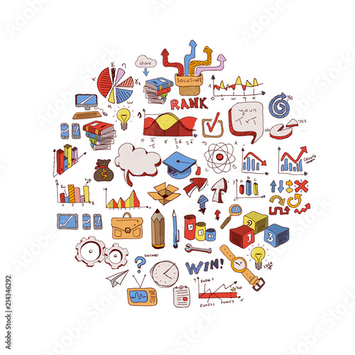 Concept of education. School background with hand drawn school supplies and comic speech bubble with Back to School lettering on blackboard.