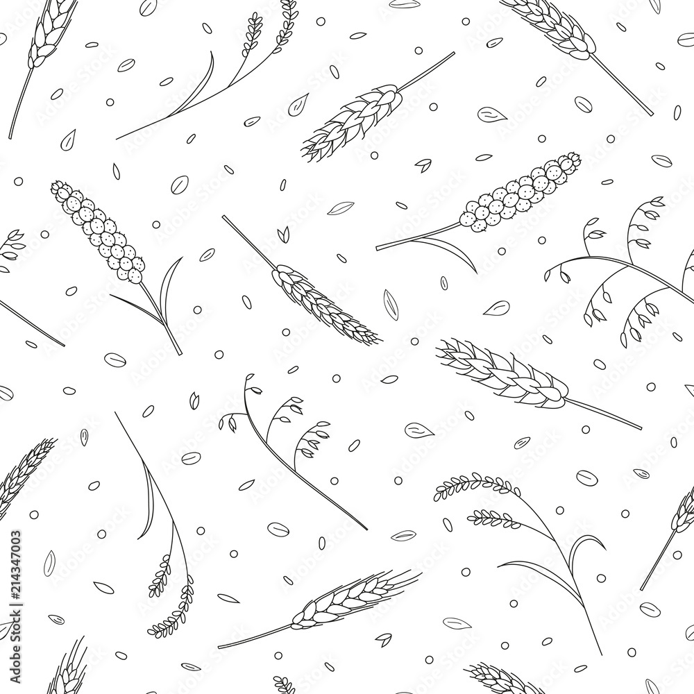Seamless pattern with cereals and grains.