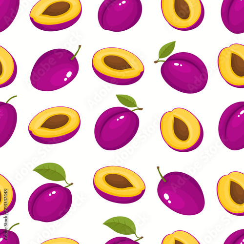 Vector pattern with cartoon plums isolated on white.