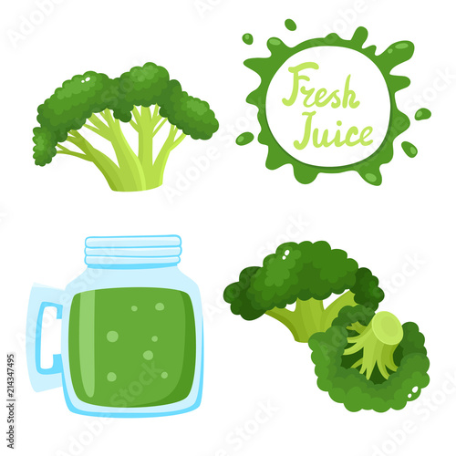 Vector set of broccoli juice and broccoli isolated on white.