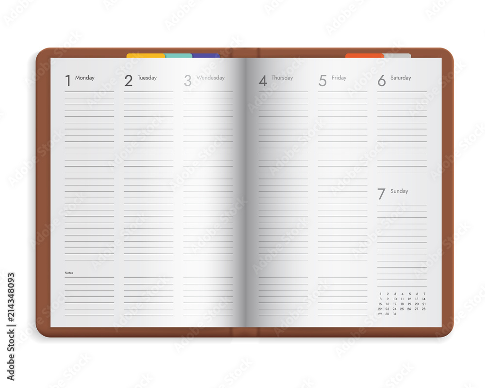 Open diary with weekly calendar in brown hardcover Open diary with weekly calendar in brown hardcover