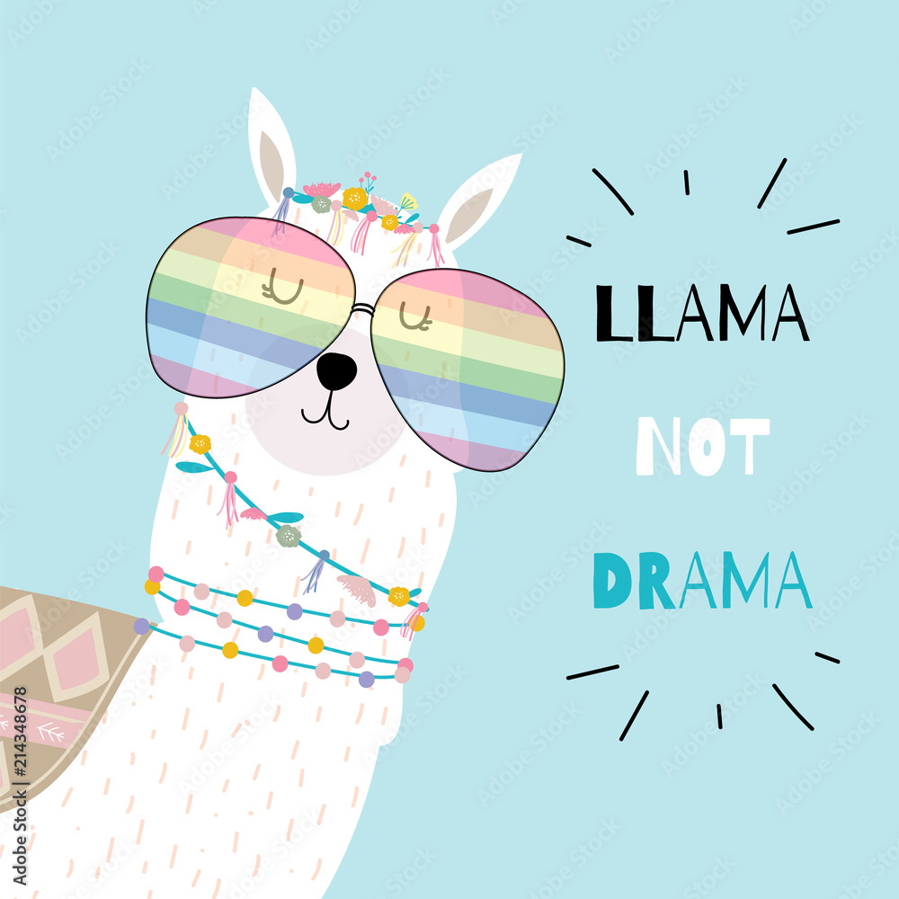 Blue hand drawn cute card with llama wear glasses Stock Vector | Adobe Stock