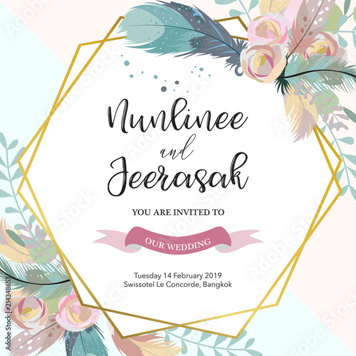 Geometry gold wedding invitation card with flower,leaf,ribbon,wreath and frame