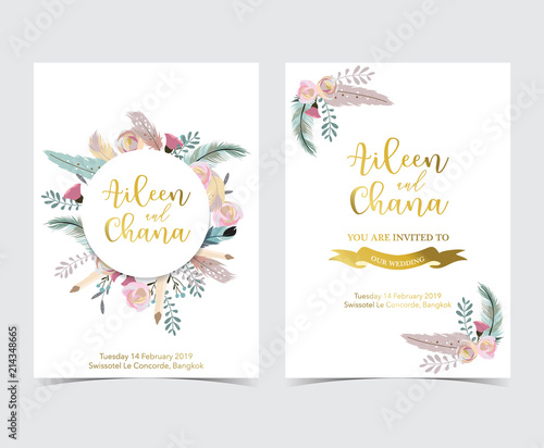 Geometry gold wedding invitation card with flower,leaf,ribbon,wreath and frame
