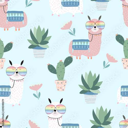 Blue hand drawn cute card with llama,glasses,cactus and flower