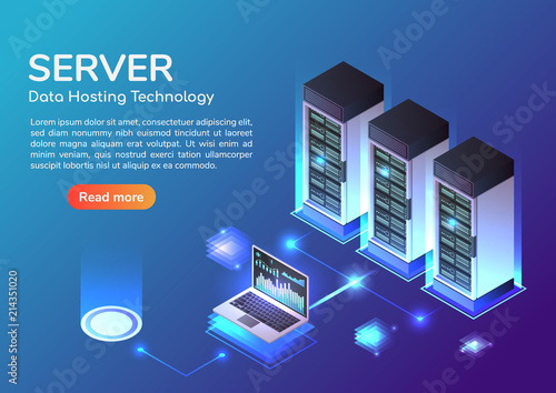 Isometric web banner Server room and hosting storage technology