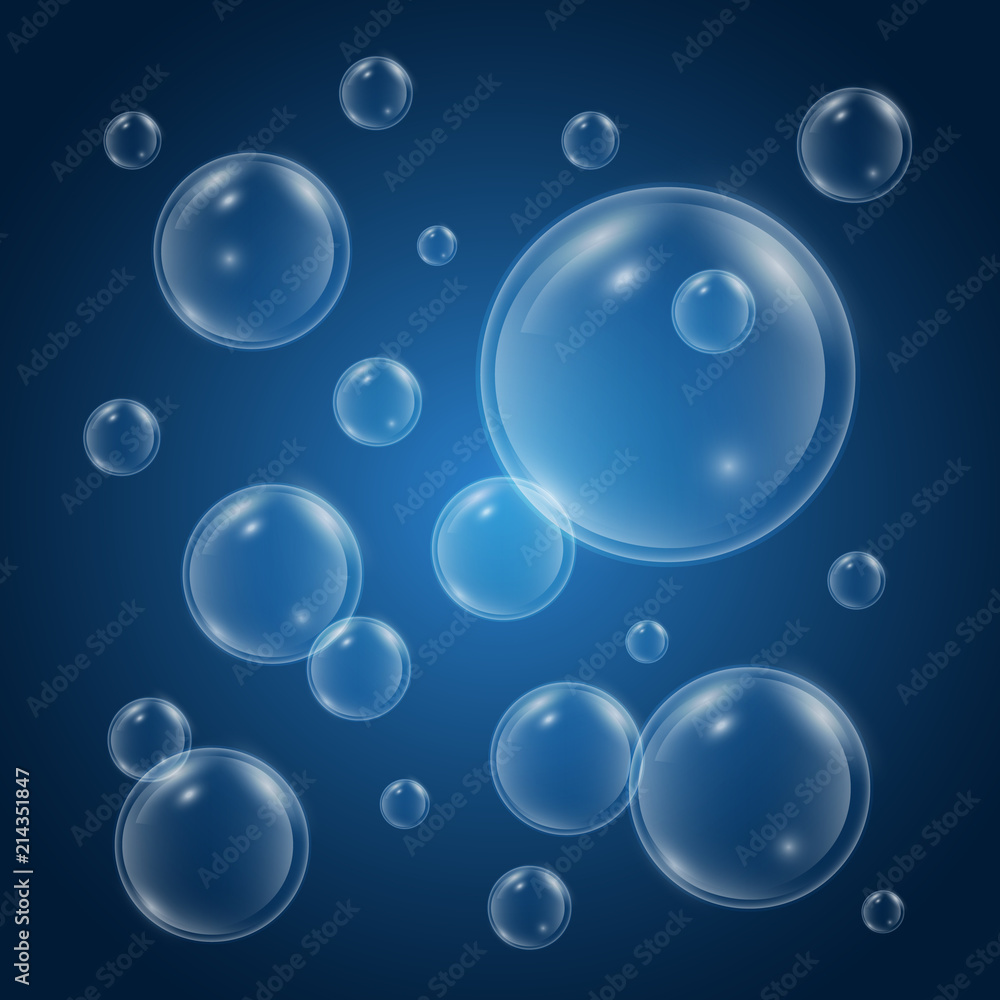 Water bubbles with reflection on blue background. Realistic underwater bubbles. 3d bubble. Fizzing air bubbles. Vector illustration
