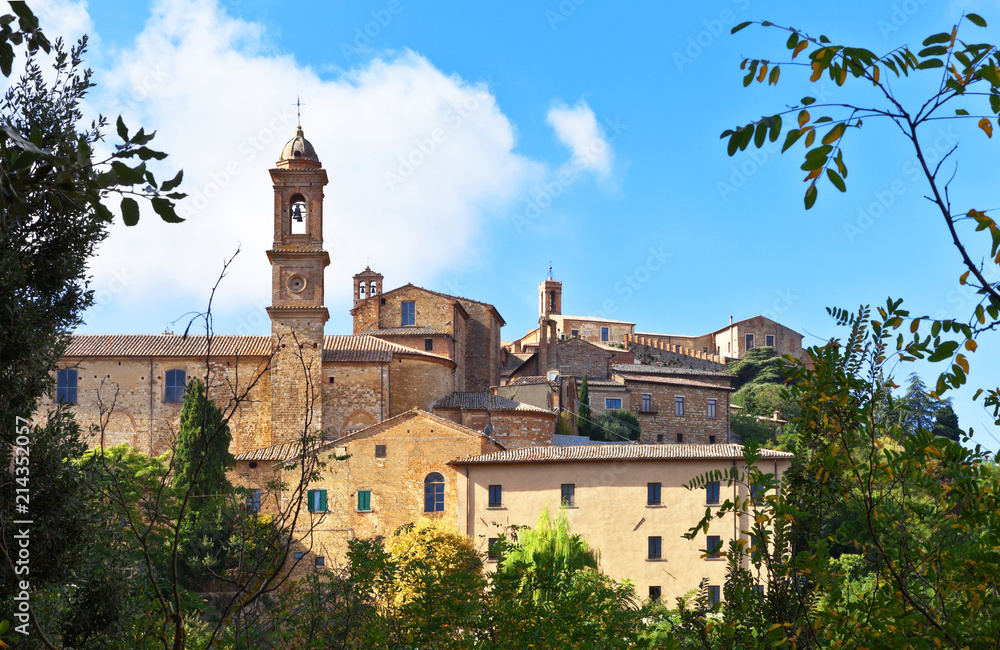 Italy. Tuscany. View of the medieval town of Montepulciano with the bell towers of ancient churches from the city park on a sunny autumn morning