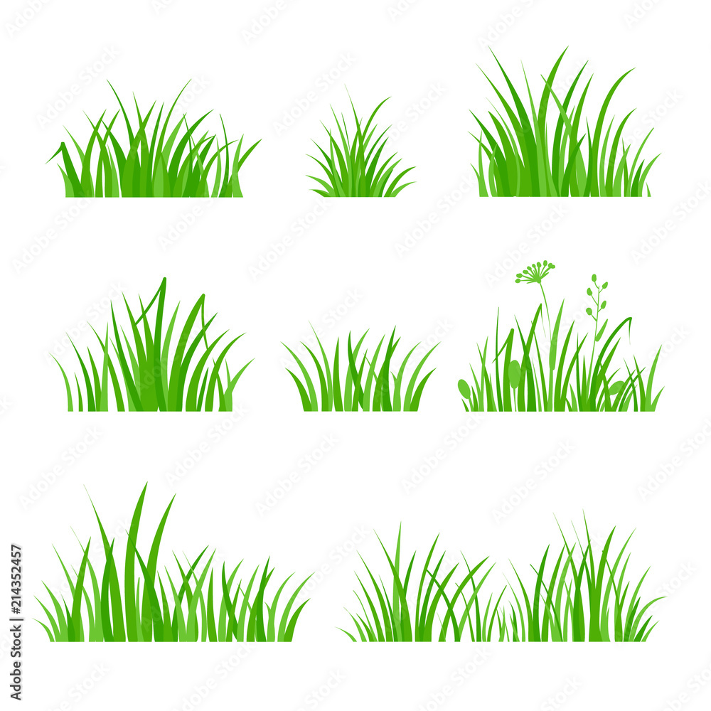 Green Grass Set. Silhouette of Plants. Cartoon Style Vector Illustration - obrazy, fototapety, plakaty 