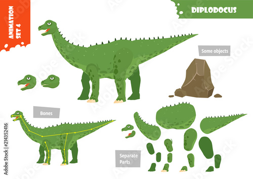 Cartoon Style Dinosaur Diplodocus Character For Animation Set. Vector Illustration
