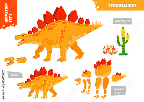 Cartoon Style Dinosaur Stegosaurus Character For Animation Set. Vector Illustration