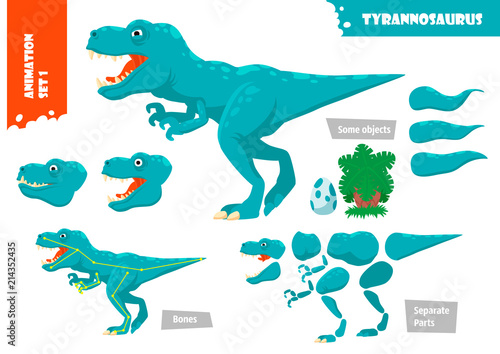 Cartoon Style Dinosaur Tyrannosaurus Character For Animation Set. Vector Illustration