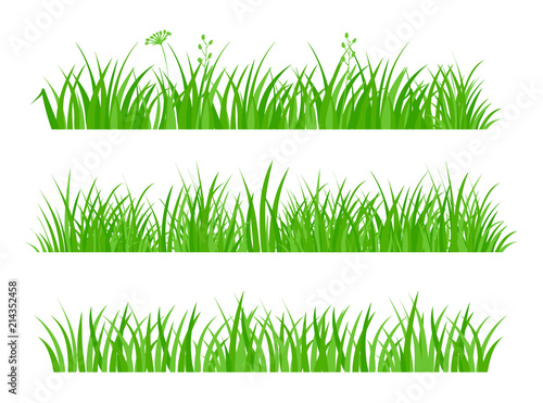 Beautiful Fresh Green Spring Gras. Set of Borders for Use as Design Elements Isolated on White Background. Cartoon Style Vector Illustration