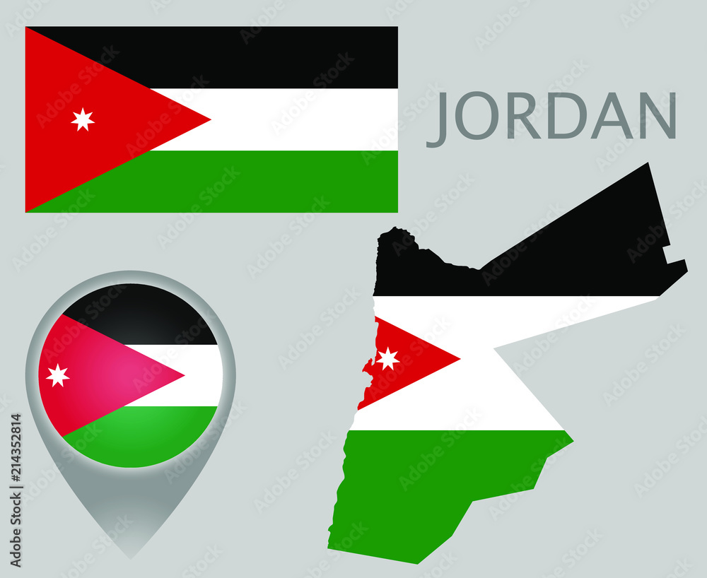Colorful flag, map pointer and map of Jordan in the colors of the