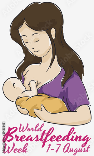 Mom with Baby in Watercolor Design for World Breastfeeding Week, Vector Illustration