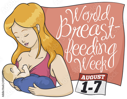 Gorgeous Blonde Mom with Baby Celebrating World Breastfeeding Week, Vector Illustration