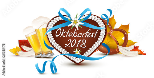 Oktoberfest 2018 - Lebkuchen Herz mit Schriftzug, geschwungener Schleife, Bier, Brezel, Weißwurst und Herbstblätter