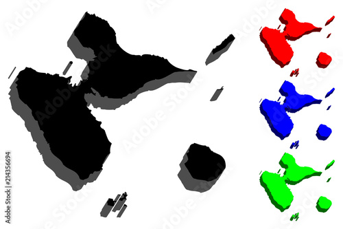 3D map of Guadeloupe (island - insular region of France) - black, red, blue and green - vector illustration