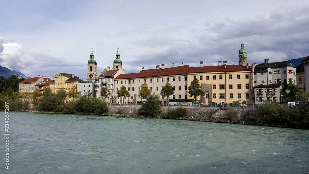 Innsbruck, Tirol/Austria - September 18 2017: View on the river Inn and the first building of the inner city of Innsbruck